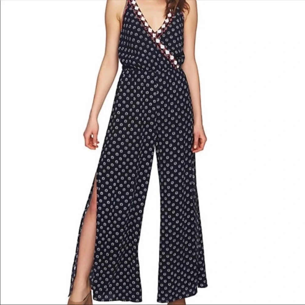 1.State | Navy Embroidered Wide Leg Slit Jumpsuit - Picture 3 of 8